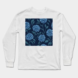 Blue Zinnia Flower Pattern on Navy Blue Long Sleeve T-Shirt